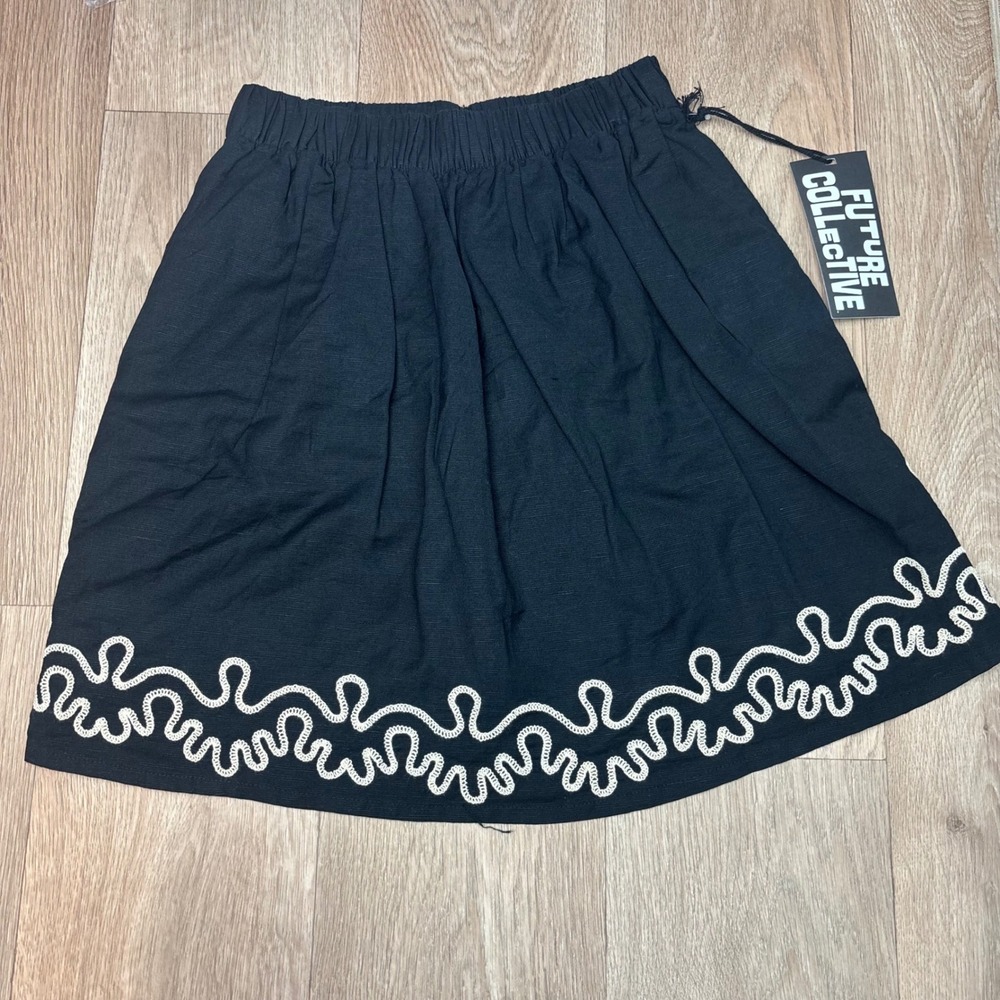 Future Collective Black Ric Rac Embroidered Mini Skirt XS Elastic Waist Pockets
